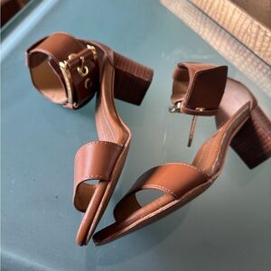 MICHAEL Michael Kors Brown Leather Block Heel Sandals with Ankle Strap